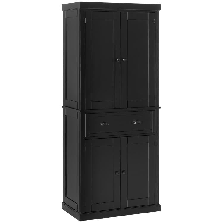 Black freestanding pantry cabinet with double doors and bottom drawer