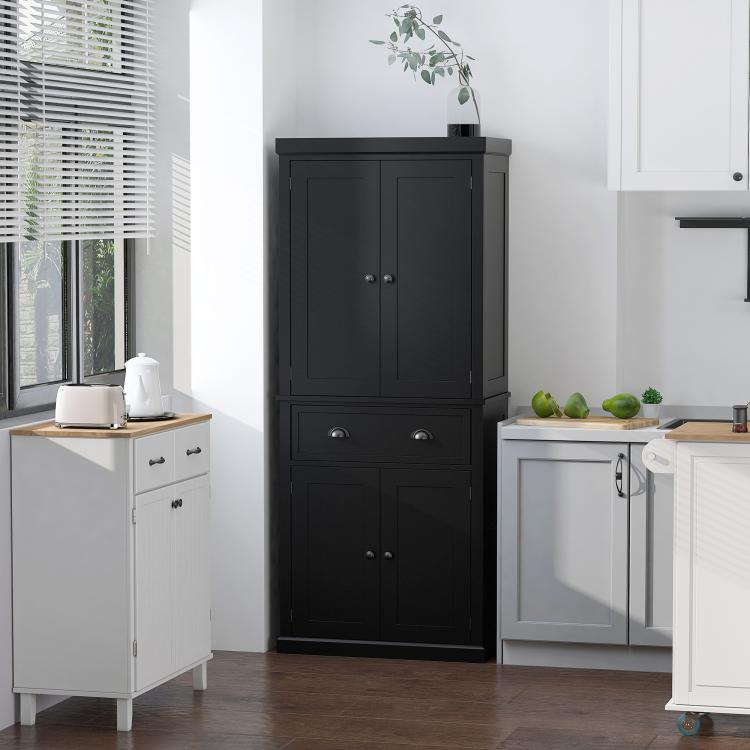 Black kitchen pantry cabinet with double doors and two drawers