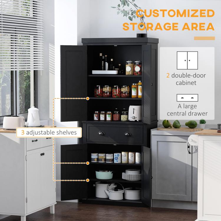 Black pantry cabinet with adjustable shelves, double doors, and central drawer