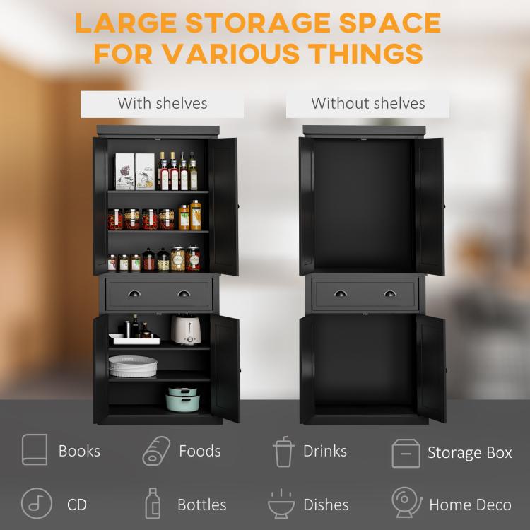 Black pantry cabinet with doors open to show shelves and drawers