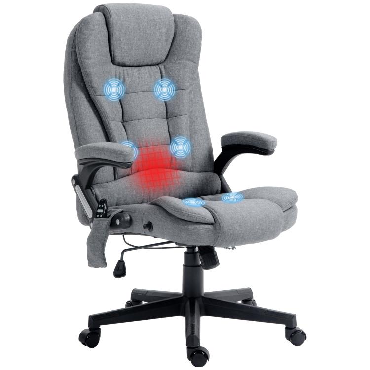 Gray upholstered massage office chair with padded headrest and reclining armrests