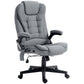 Gray linen high-back massage chair, side view with recline and swivel base