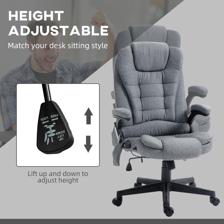 Gray height-adjustable massage chair with padded armrests and lift-up seat mechanism
