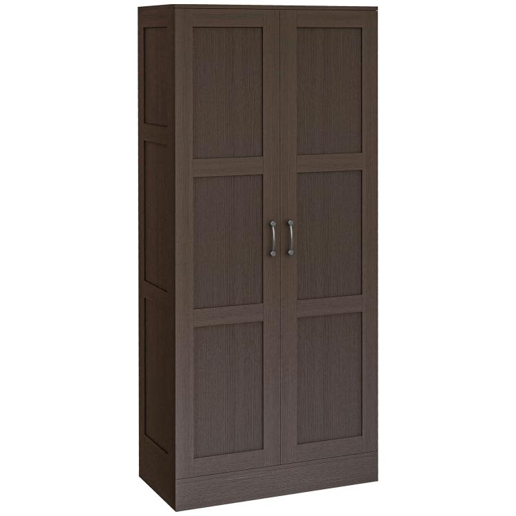 Dark brown wooden storage cabinet with two-pane doors and metal bar handles