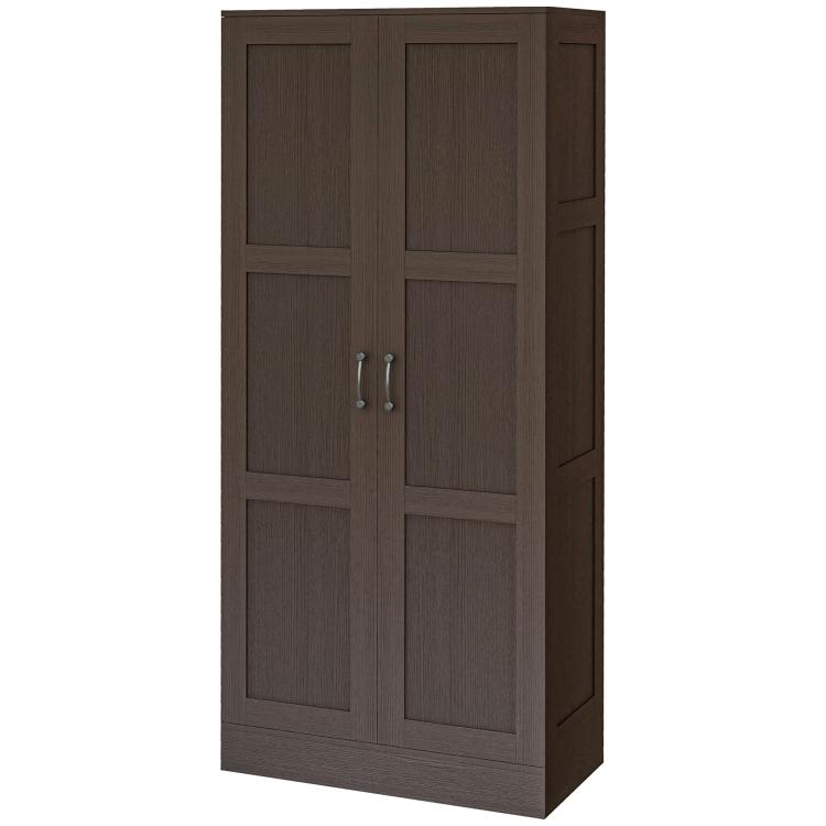 Dark brown storage cabinet with double doors, inset panels, and silver bar handles