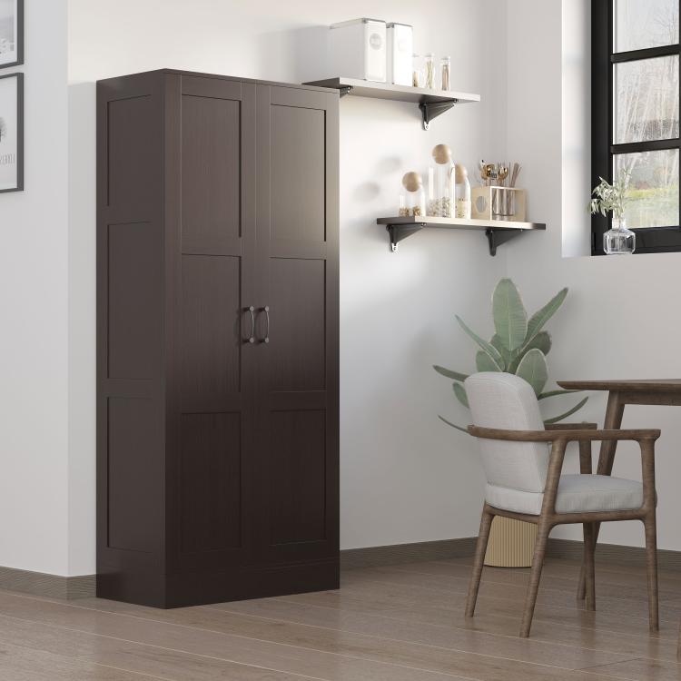 Dark brown pantry storage cabinet with hinged double doors and silver bar handles