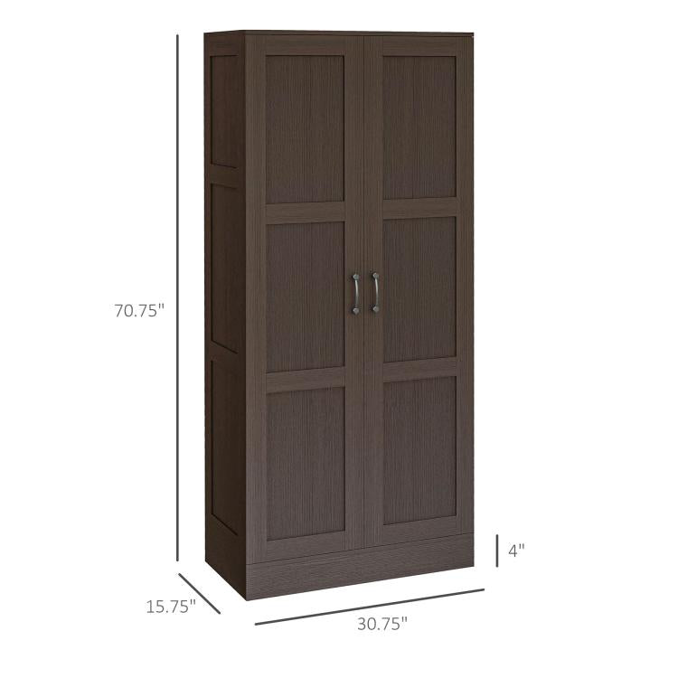 Dark brown storage cabinet front view with double doors and metal bar handles