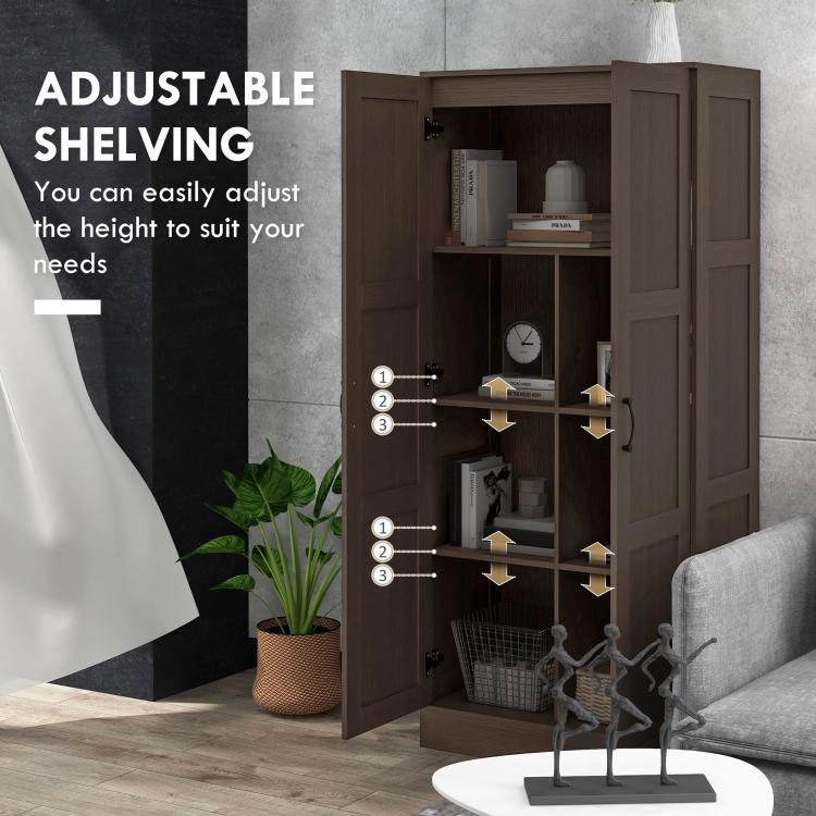 Dark brown storage cabinet interior with adjustable shelves and open door compartments