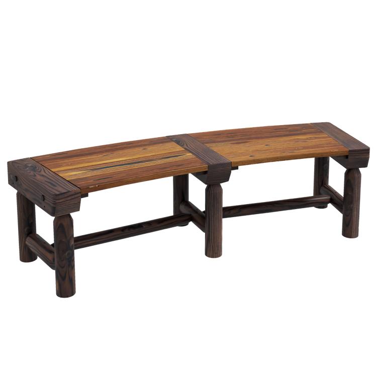 Dark brown wooden semicircular garden tree bench with slatted seat and sturdy legs