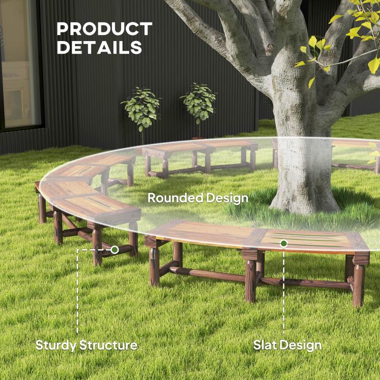 Wooden outdoor tree bench with dark brown slat design and rounded layout