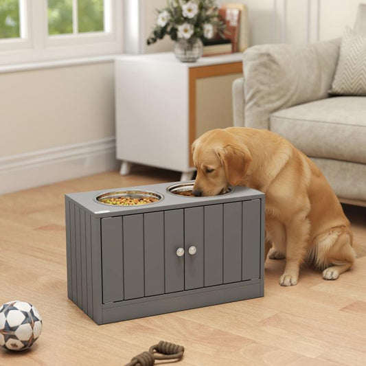 Gray raised dog food cabinet with two bowls and two door panels