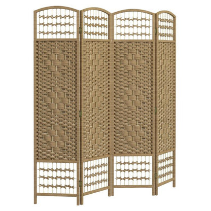 4-panel folding room divider with woven natural fiber panels and arched top