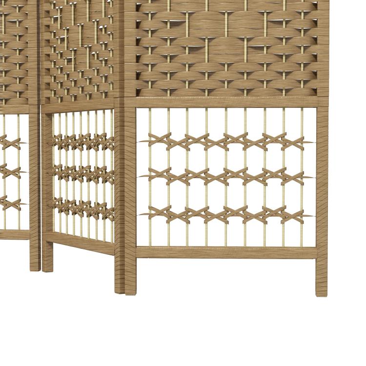 Natural wave-fiber 4-panel folding room divider with decorative lattice privacy panels