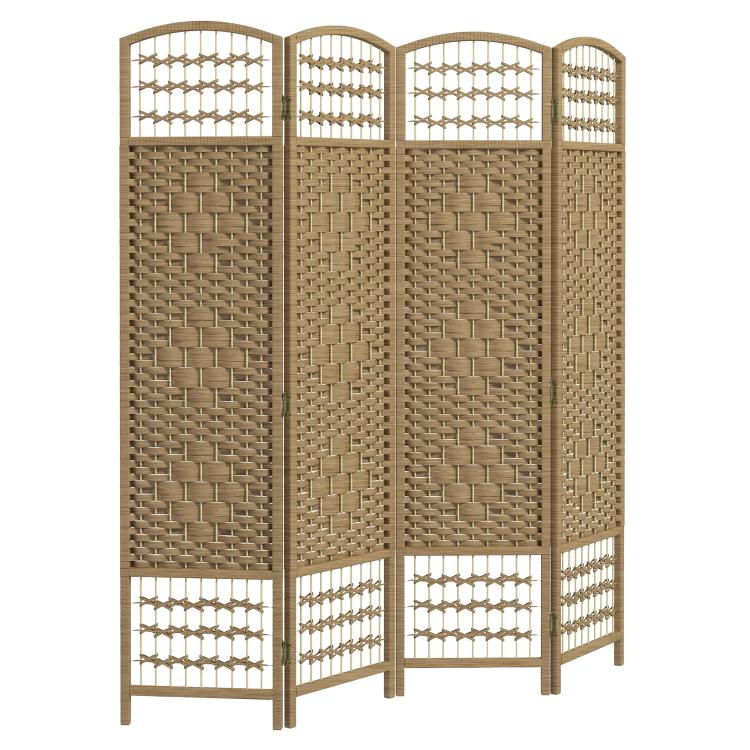 Natural 4-panel folding privacy screen with arched top and woven lattice panels