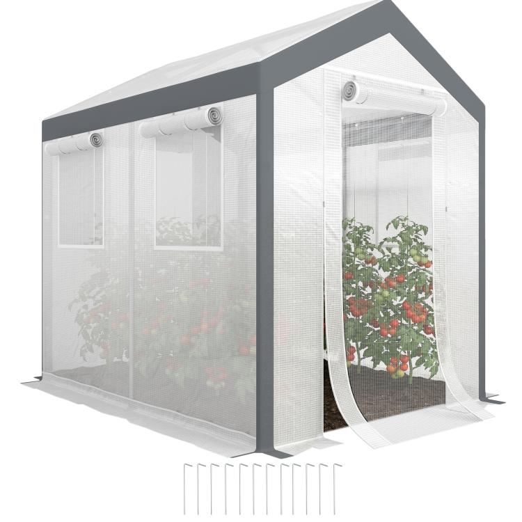 Walk-in tunnel greenhouse with roll-up windows and zippered mesh door, dark gray frame