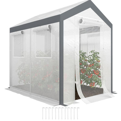 Walk-in tunnel greenhouse with roll-up windows and zippered mesh door, dark gray frame