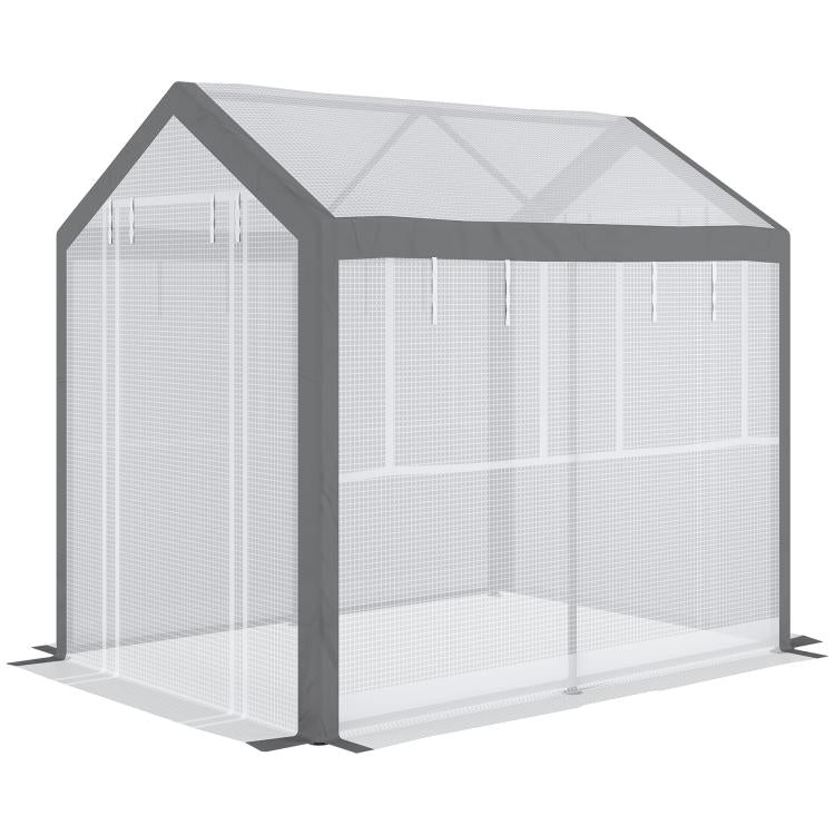 Walk-in tunnel greenhouse with mesh side panels and dark gray steel frame, open front