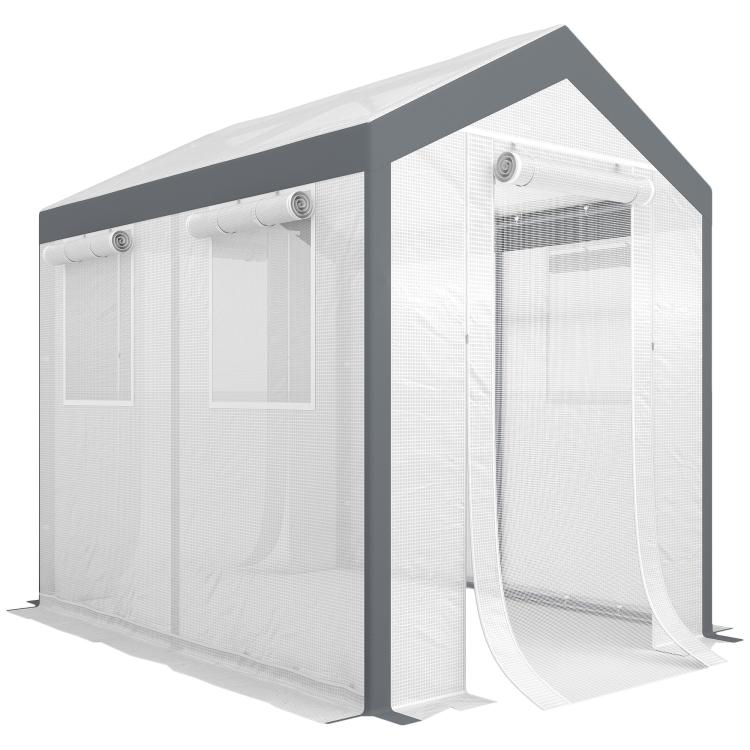 Green tunnel greenhouse with roll-up window panels and zippered mesh door entrance.