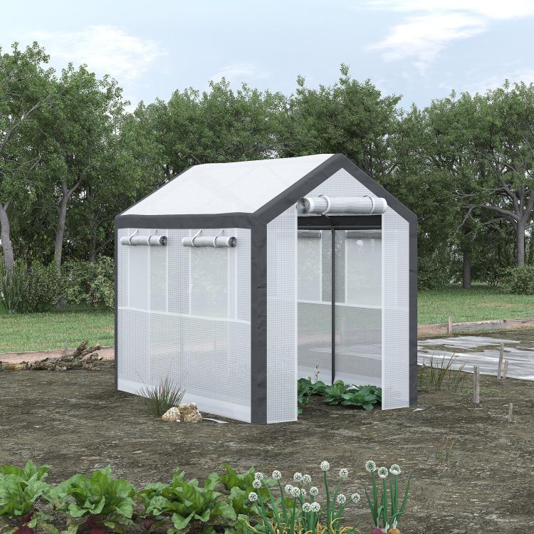 Walk-in tunnel greenhouse with open mesh entry and roll-up side windows, dark gray frame