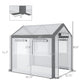 Walk-in tunnel greenhouse with four side windows and doorway, front view with dimensions