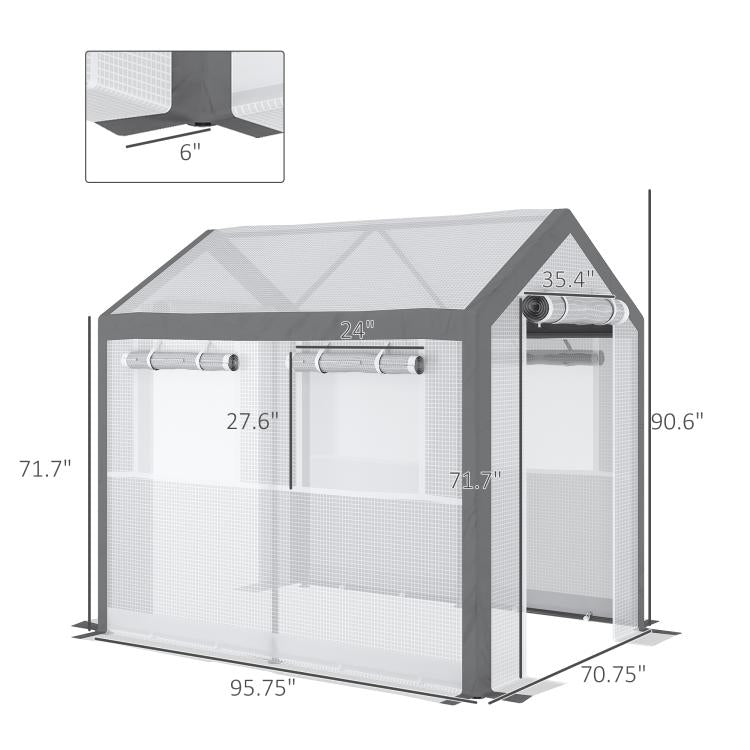 Walk-in tunnel greenhouse with four side windows and doorway, front view with dimensions