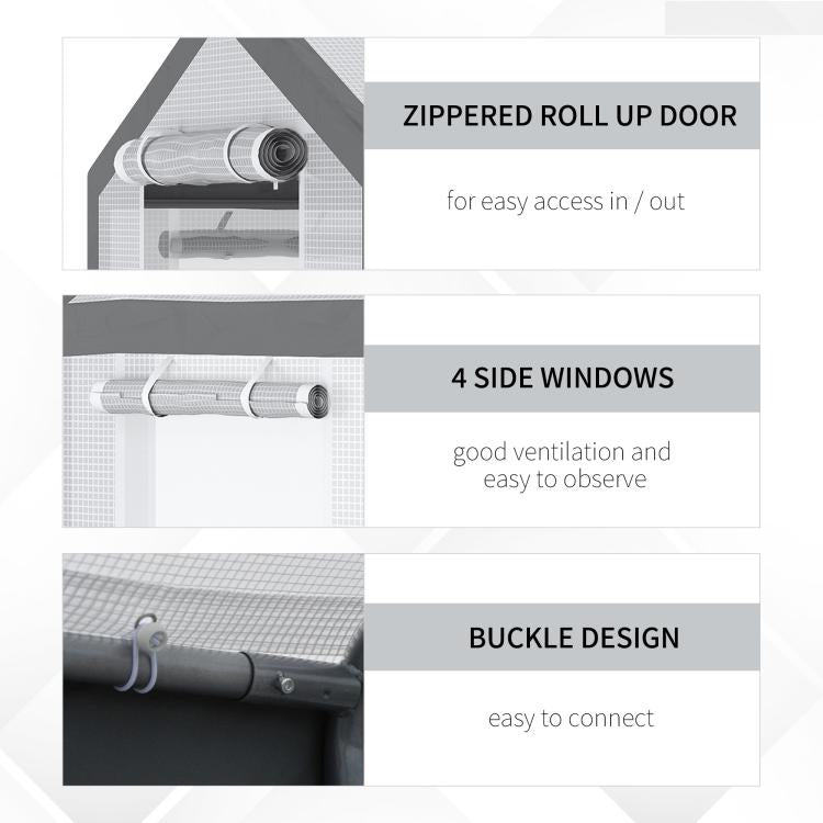 Tunnel greenhouse with zippered roll-up door, four side windows, and buckle connections