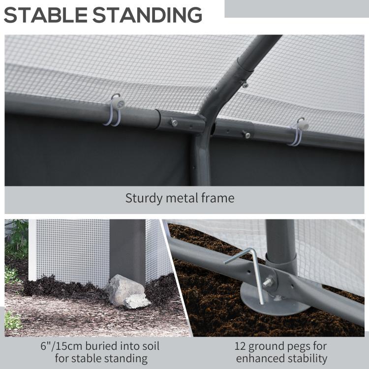 Tunnel greenhouse with sturdy metal frame and ground stakes for added stability