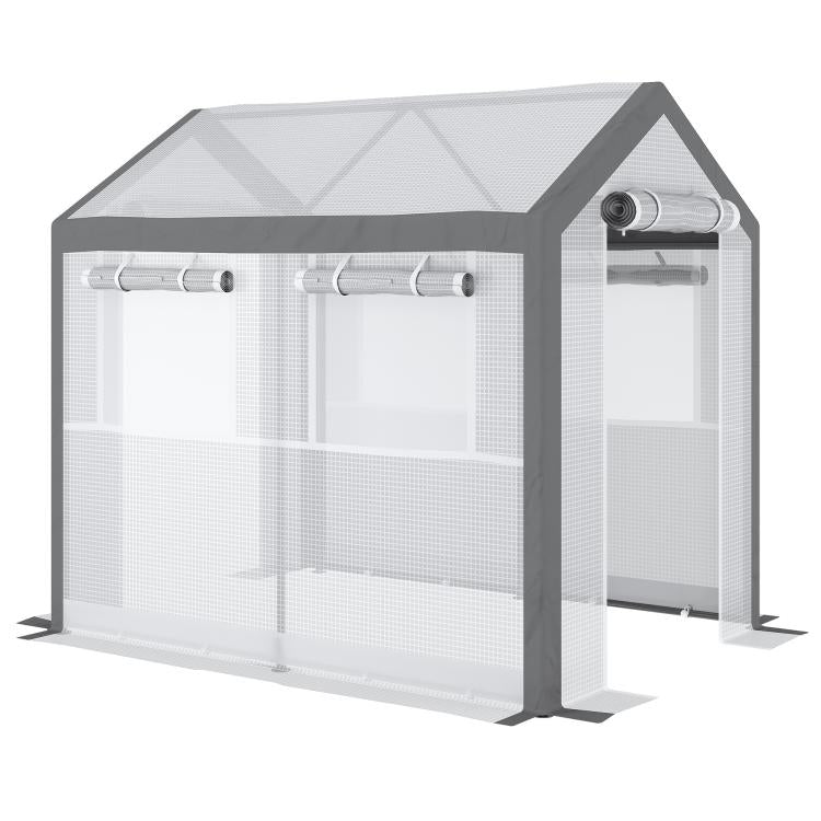Walk-in tunnel greenhouse with four side window panels and roll-up door, dark gray frame
