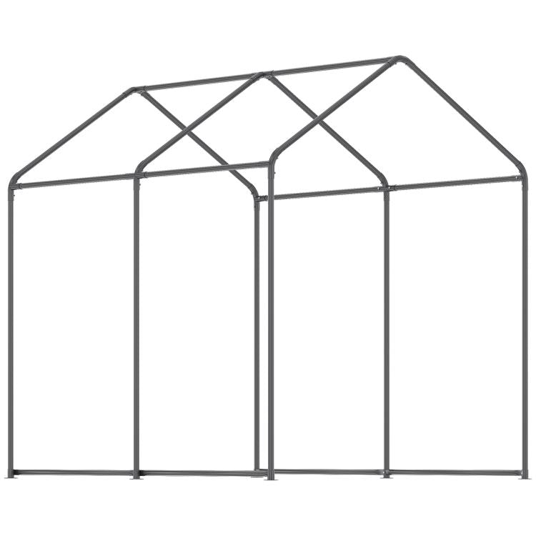 Tunnel greenhouse frame with arched roof and vertical side panels, dark gray metal