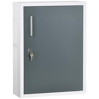 Wall-mounted medicine cabinet with dark gray door and silver handle, white frame