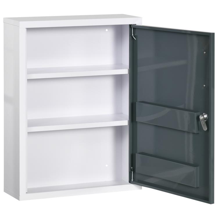 White medicine cabinet with open doors and interior shelves, dark gray locking side