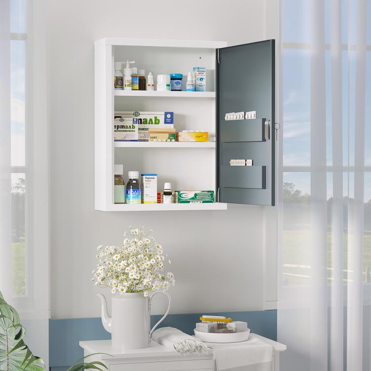 Wall medicine cabinet with open door showing shelves, dark gray interior and white frame