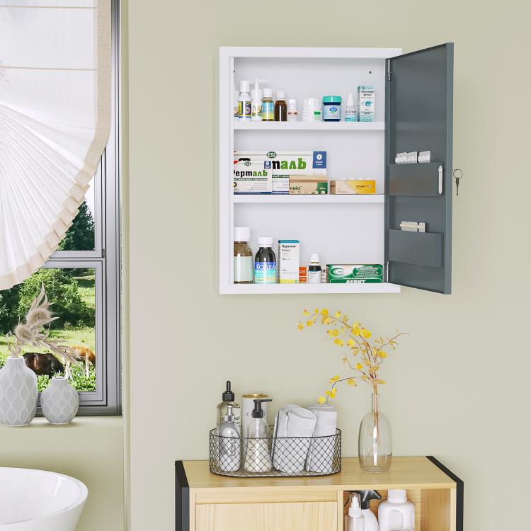 Wall-mounted medicine cabinet on bathroom wall with open door and 3 interior shelves