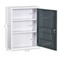 White medicine cabinet with dimensions, open dark gray door revealing 3 shelves