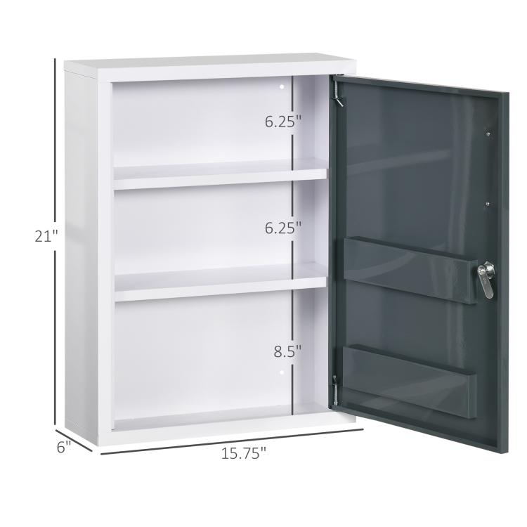 White medicine cabinet with dimensions, open dark gray door revealing 3 shelves