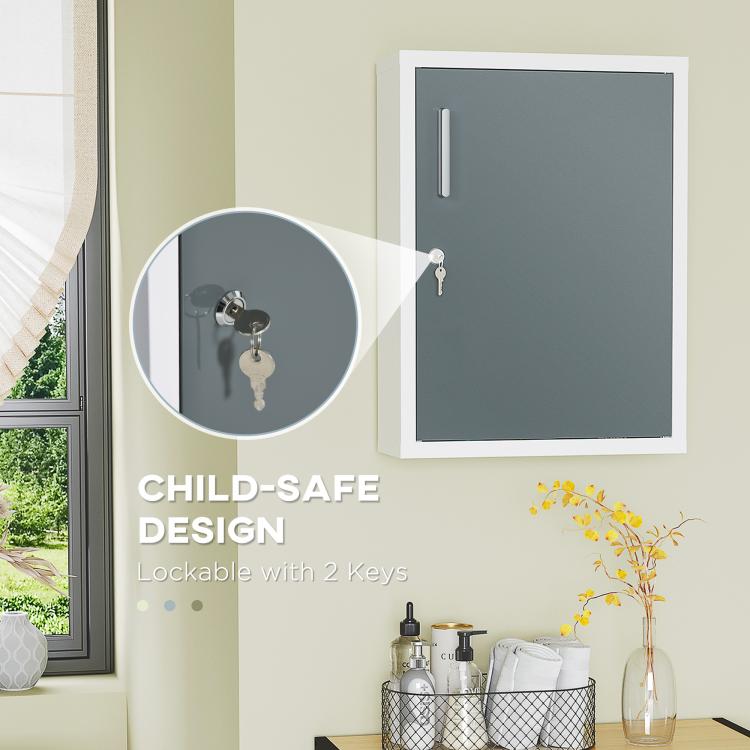 White locking medicine cabinet with dark gray door and key lock cylinder