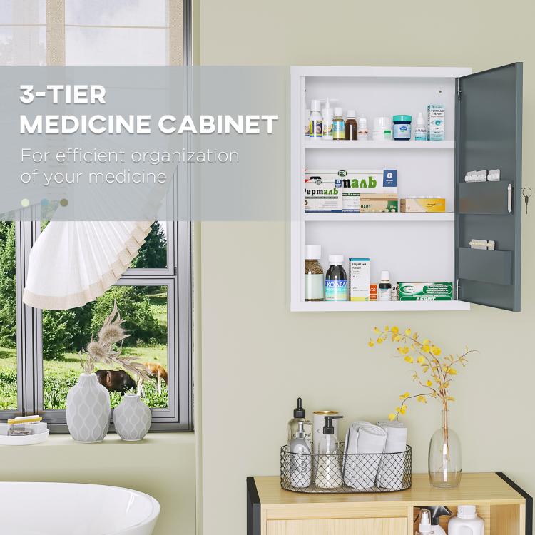 Wall medicine cabinet with open door and multiple shelves, dark gray interior