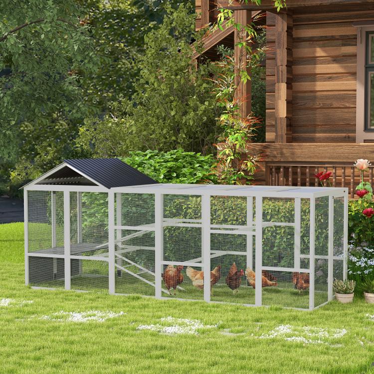 Gray chicken coop run with black roof, wire mesh fencing and perches for yard use