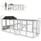 Gray chicken coop run with black roof, wire mesh sides, and shown size dimensions