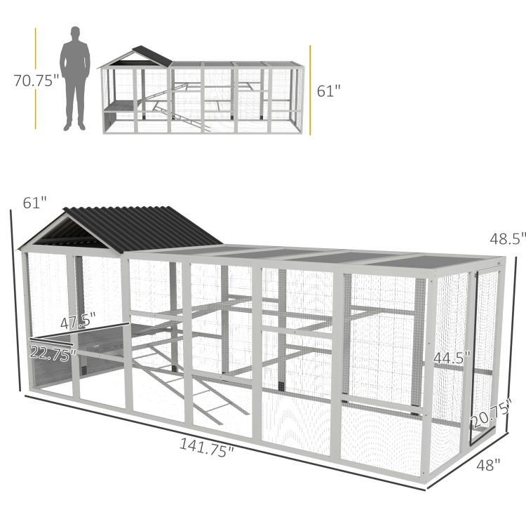 Gray chicken coop run with black roof, wire mesh sides, and shown size dimensions