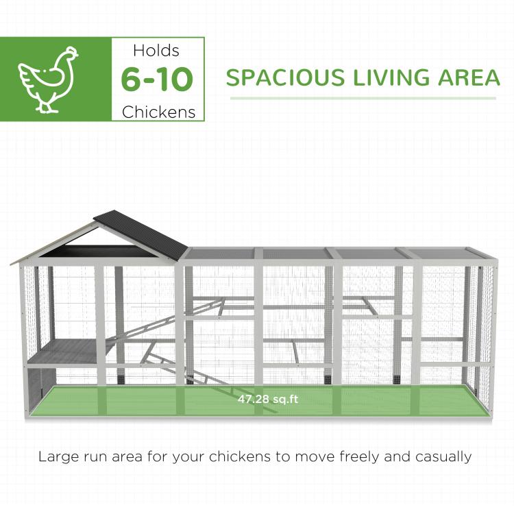 Gray chicken run enclosure with black roof and wire mesh, diagram view with large area