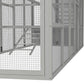 Close-up of gray chicken run door frame and wire mesh fencing on the side