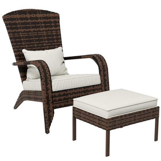 Brown woven wicker armchair set with white seat ottoman and matching cushions
