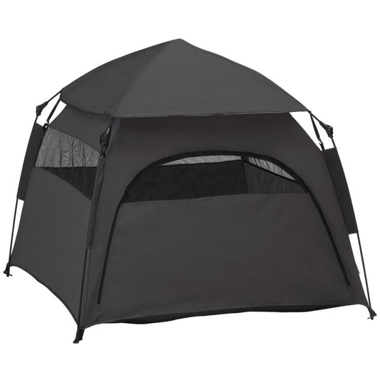 Dark gray pop-up dog tent with arched doorway and mesh side panels