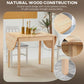 Natural wood drop-leaf dining table with close-up views of tabletop and legs