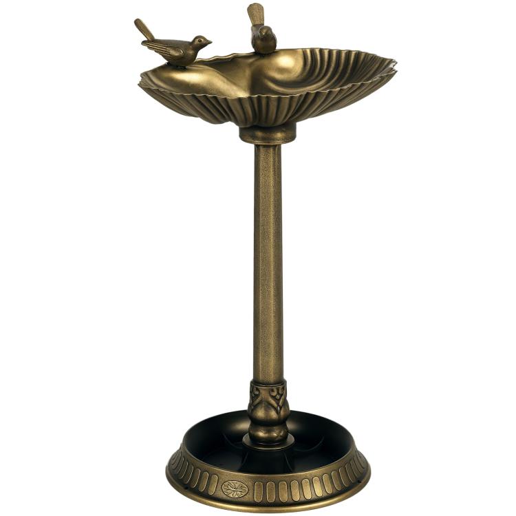 Bronze decorative bird bath pedestal with shell basin and two bird statues, round base