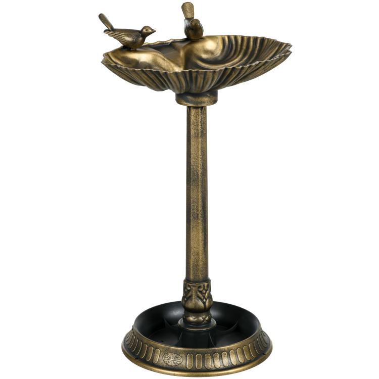 Bronze bird bath with shallow bowl, two bird statues, and pedestal base
