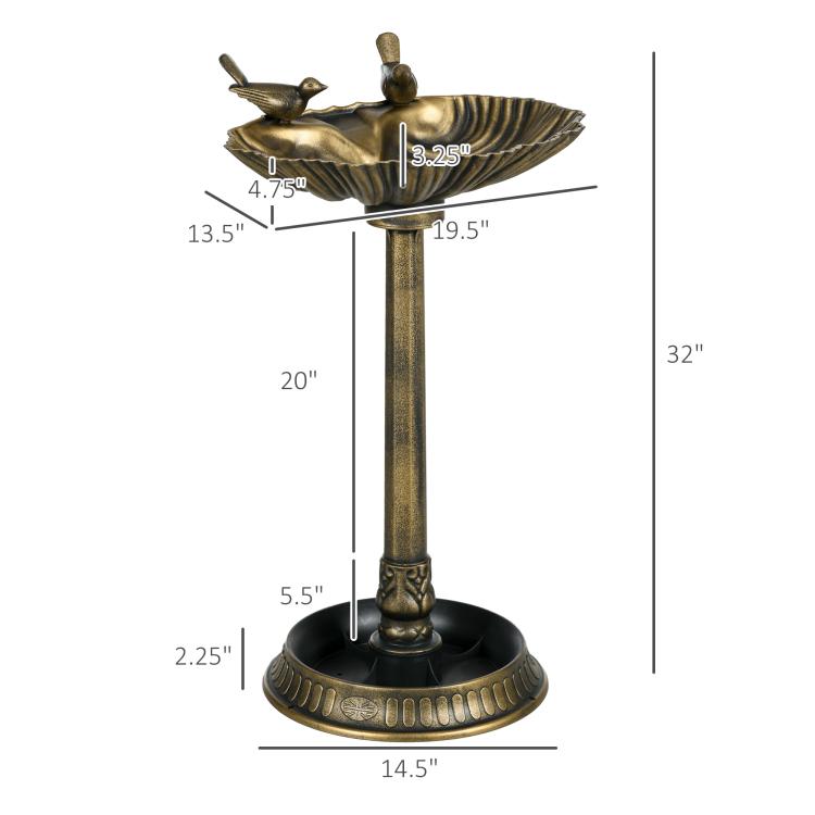 Bronze decorative bird bath pedestal with shell basin, two bird statues, and round base