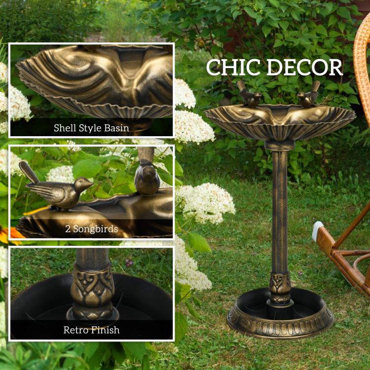 Bronze decorative bird bath pedestal with shell-style basin and two bird statues