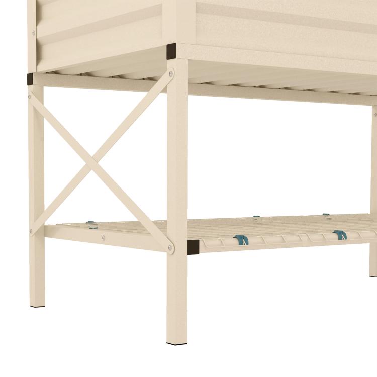 Cream metal raised garden bed with legs, front shelf, and bed liner inside